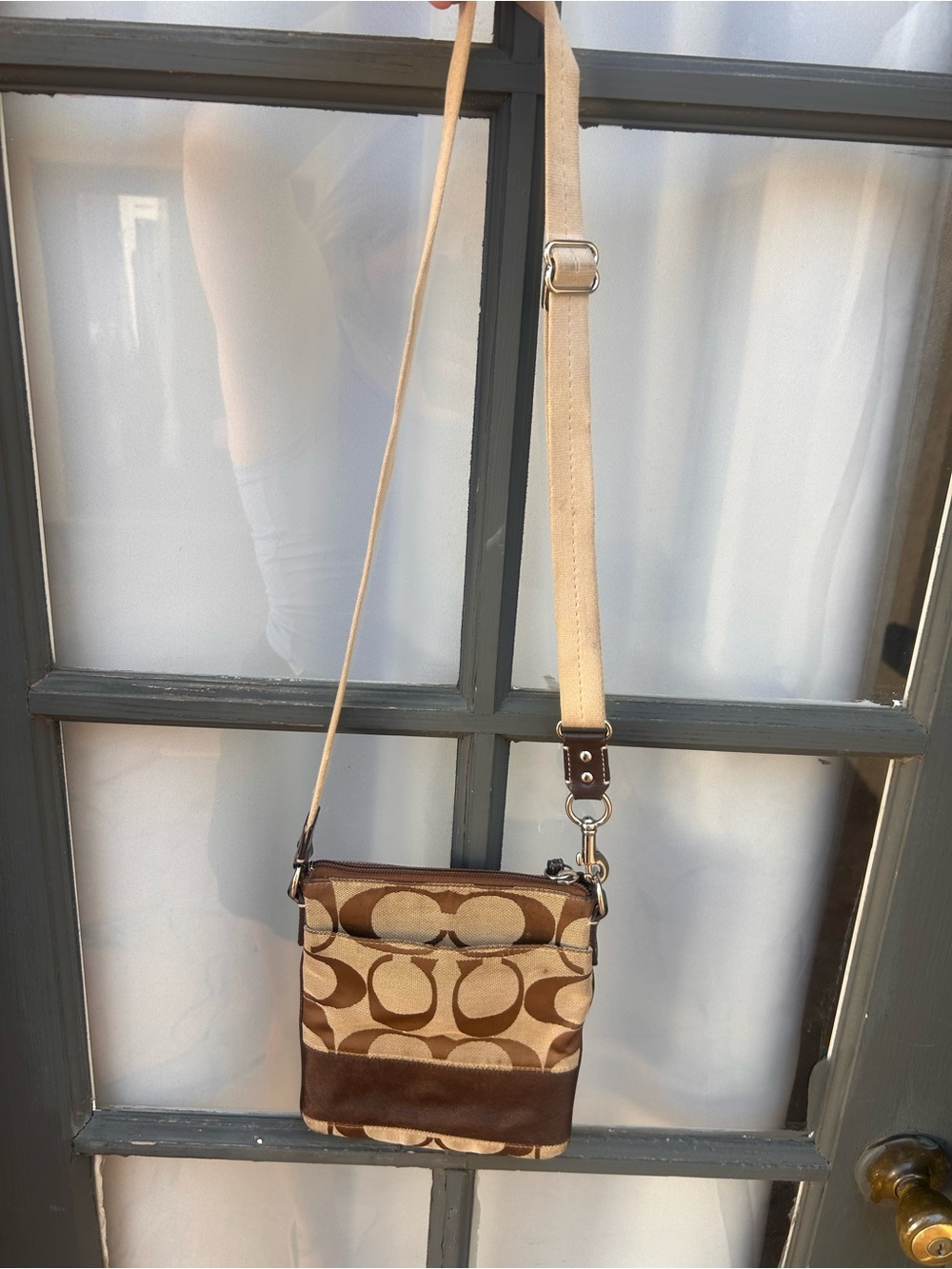 Coach Canvas Signature Tan and Brown Crossbody Bag
